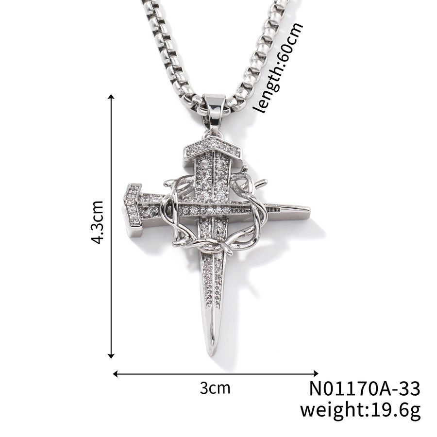Hip-Hop Rock Shiny Cross Wings 304 Stainless Steel Copper Zircon K Gold Plated Rhodium Plated Unisex Pendant Necklace