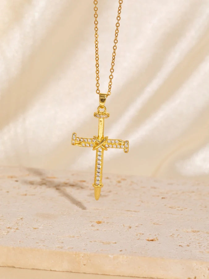 Copper Plating Cross Zircon Pendant Necklace