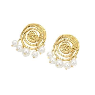 1 Pair IG Style Spiral Stripe Pearl Plating 304 Stainless Steel 18K Gold Plated Ear Studs