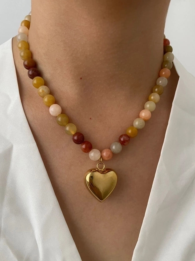 Jewelry Elegant Beach Heart Shape 316L Stainless Steel  Natural Stone 18K Gold Plated Beaded Pendant Necklace