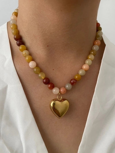 Jewelry Elegant Beach Heart Shape 316L Stainless Steel  Natural Stone 18K Gold Plated Beaded Pendant Necklace
