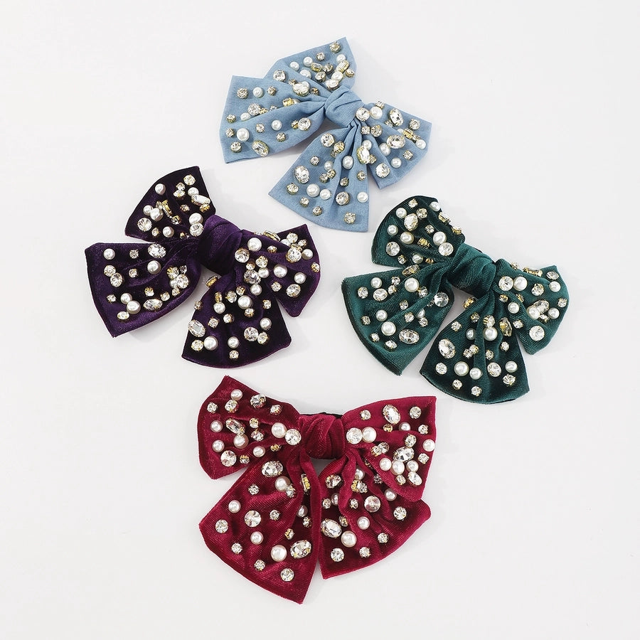 fashion bow knot alloy corduroy inlay artificial pearls rhinestones hair clip 1 piece