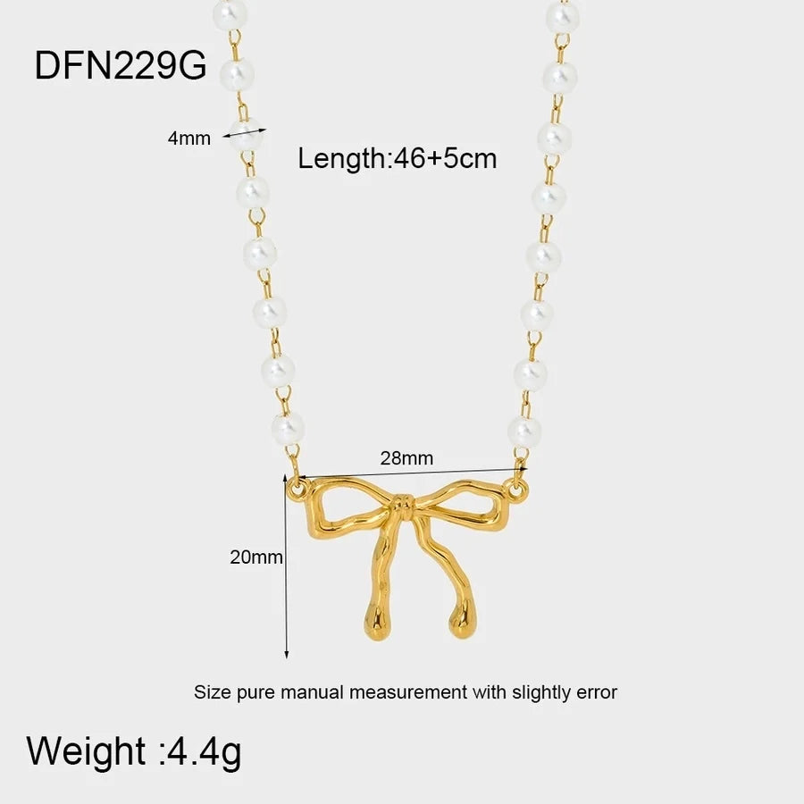 Jewelry IG Style Sweet Bow Knot 304 Stainless Steel Beaded Pearl Pendant Necklace