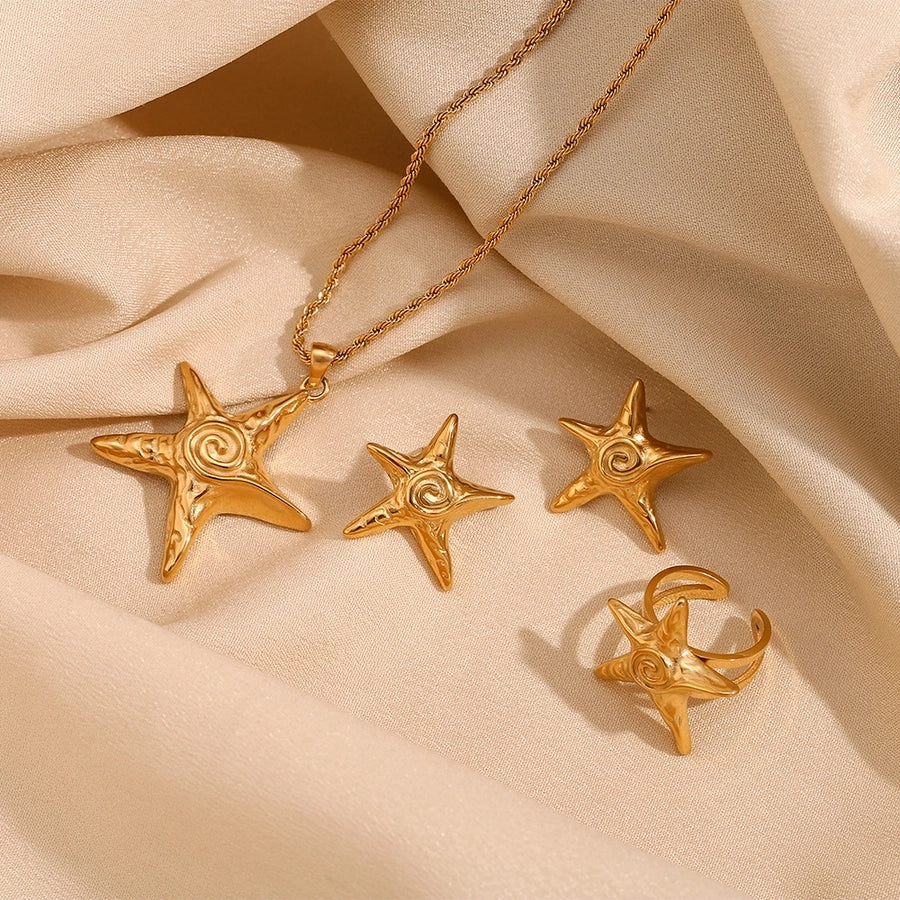 Jewelry Retro Starfish Titanium Steel 18K Gold Plated Plating Rings Earrings Necklace