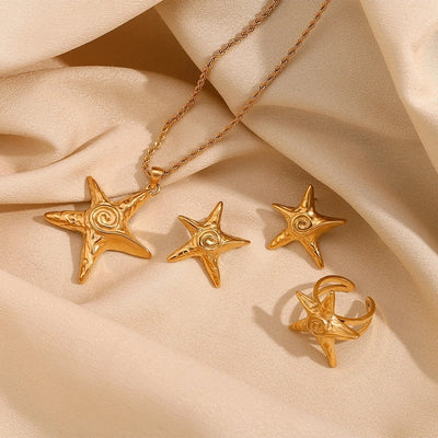 Jewelry Retro Starfish Titanium Steel 18K Gold Plated Plating Rings Earrings Necklace