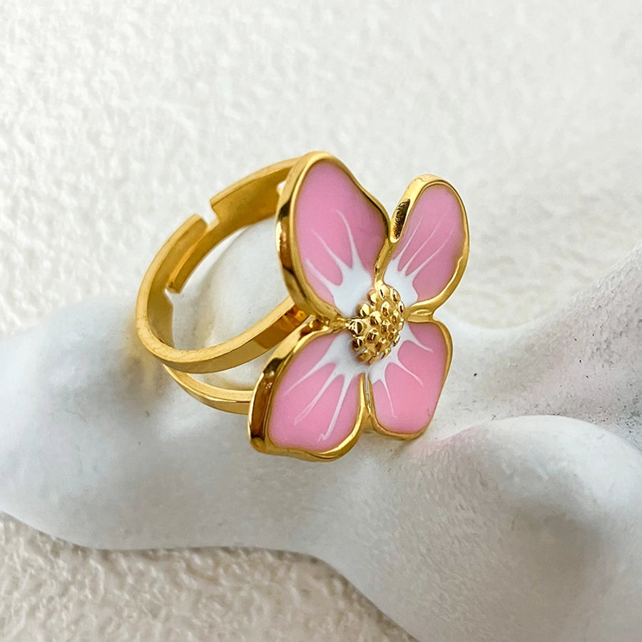 Jewelry Sweet Simple Style Korean Style Waves Flower 304 Stainless Steel Natural Stone 14K Gold Plated Enamel Inlay Open Rings