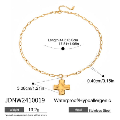 18K Gold Stainless Steel Hammer Pattern Oil Pressure Cross Pendant Clip Chain Necklace