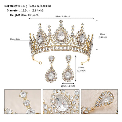 retro water droplets alloy hollow out inlay rhinestones crown earrings