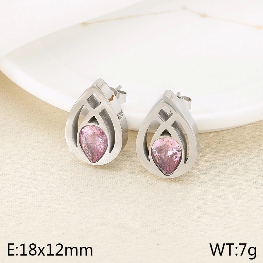 1 Pair Vintage Style Water Droplets Hollow Out Inlay 304 Stainless Steel Zircon 18K Gold Plated Ear Studs