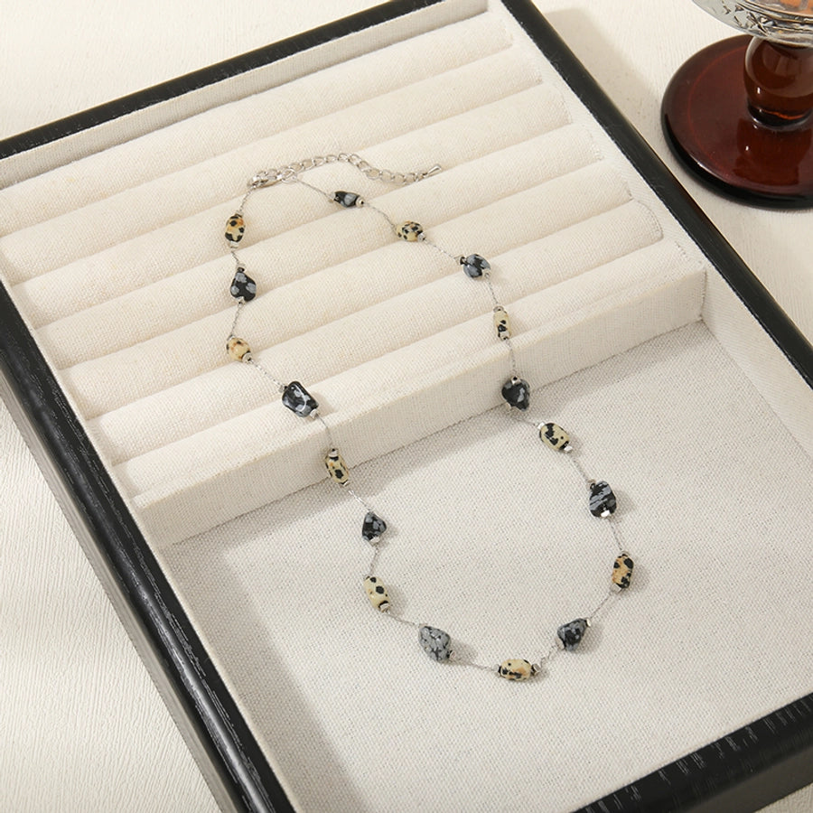 Copper cable chain Inlay Irregular Spotted stone Snowflake Obsidian Necklace