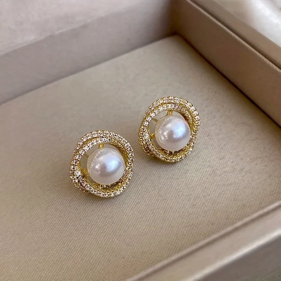1 pair elegant classical lady pearl alloy gold plated ear studs
