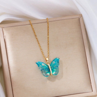 Jewelry Elegant Cute Classic Style Butterfly 201 Stainless Steel Resin Copper Zircon Inlay Pendant Necklace