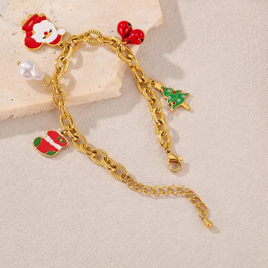 Simple Style Christmas Tree Santa Claus Christmas Socks 304 Stainless Steel cable chain Bracelets In Bulk