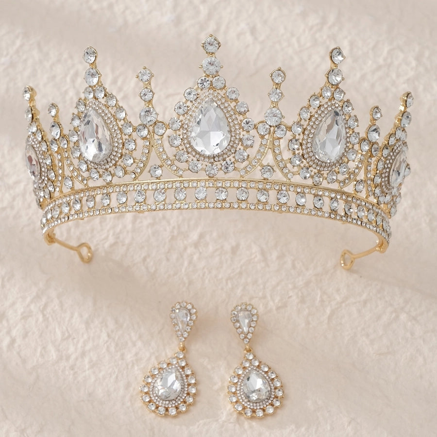 retro water droplets alloy hollow out inlay rhinestones crown earrings