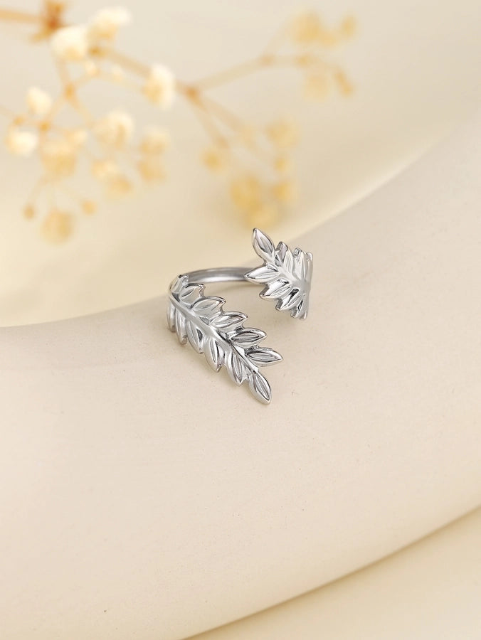 Jewelry Elegant Leaves Feather 304 Stainless Steel Open Rings