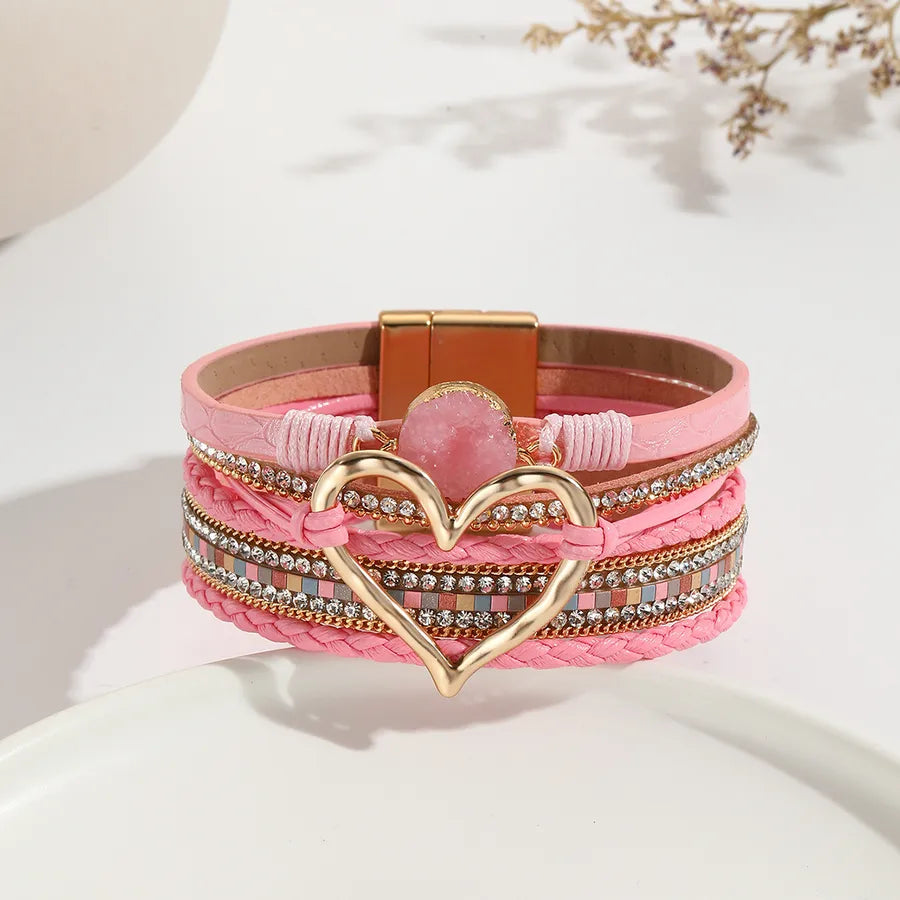 elegant classic style heart shape pu leather inlay rhinestones women's bracelets