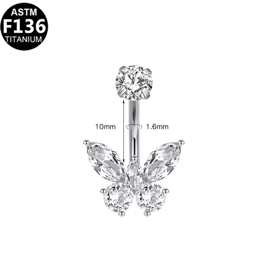1 Piece Belly Rings Glam Shiny Butterfly Pure Titanium Aluminium Alloy Zircon 14K Gold Plated White Gold Plated