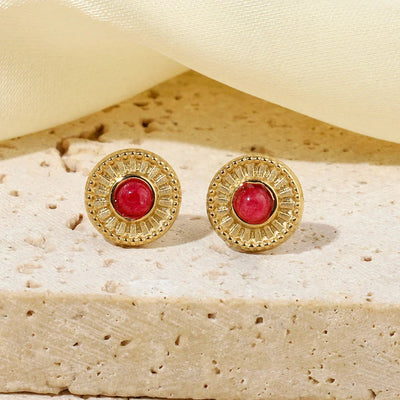 One Pack and Two Pairs Retro French Style Geometric Plating Titanium Steel Natural Stone 14K Gold Plated Ear Studs