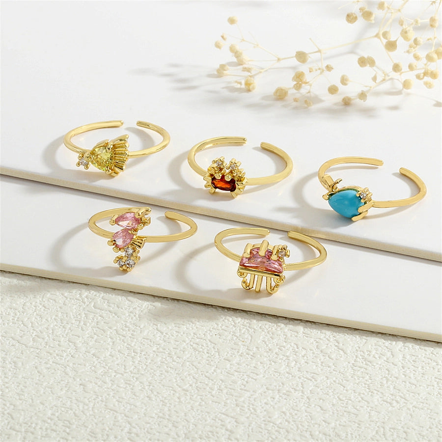 Copper Inlay Hippocampus Crab Fish Zircon Open Rings