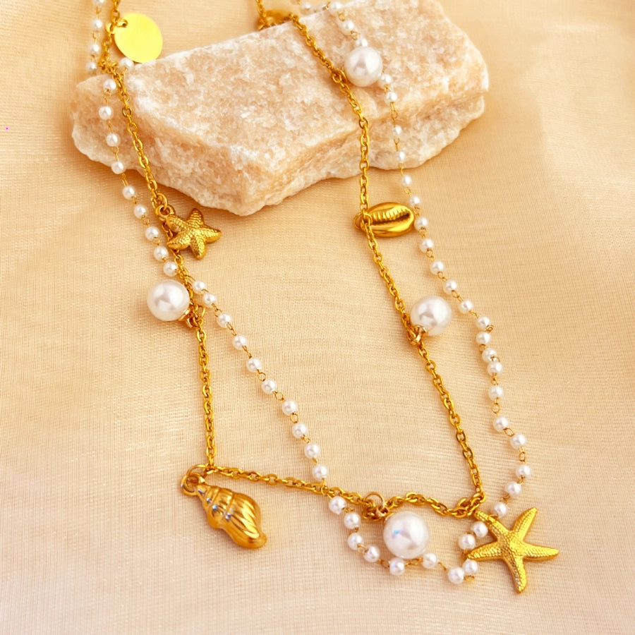 Jewelry Vacation Starfish Shell 201 Stainless Steel 18K Gold Plated Pendant Necklace