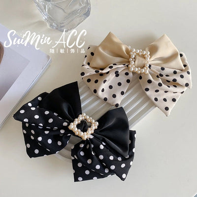 korean style wave dot big bow pearl hairpin