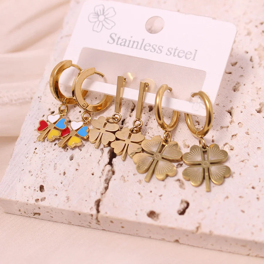 1 Set Vacation Simple Style Leaf Heart Shape Flower Plating Titanium Steel Drop Earrings