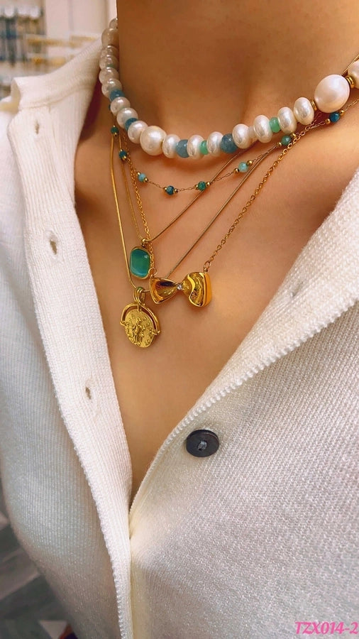 Jewelry Simple Style Bow Knot 304 Stainless Steel natural stone 18K Gold Plated Pendant Necklace