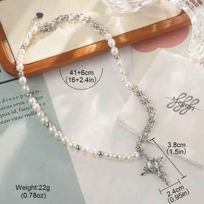 Alloy Copper White Gold Plated Four Eight-Pointed Stars Glass Pearl Zircon Necklace