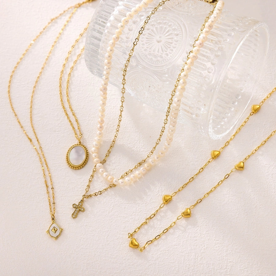 Jewelry Casual Elegant Cross Heart Shape 304 Stainless Steel Shell 18K Gold Plated Pendant Necklace