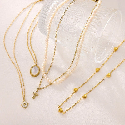 Jewelry Casual Elegant Cross Heart Shape 304 Stainless Steel Shell 18K Gold Plated Pendant Necklace