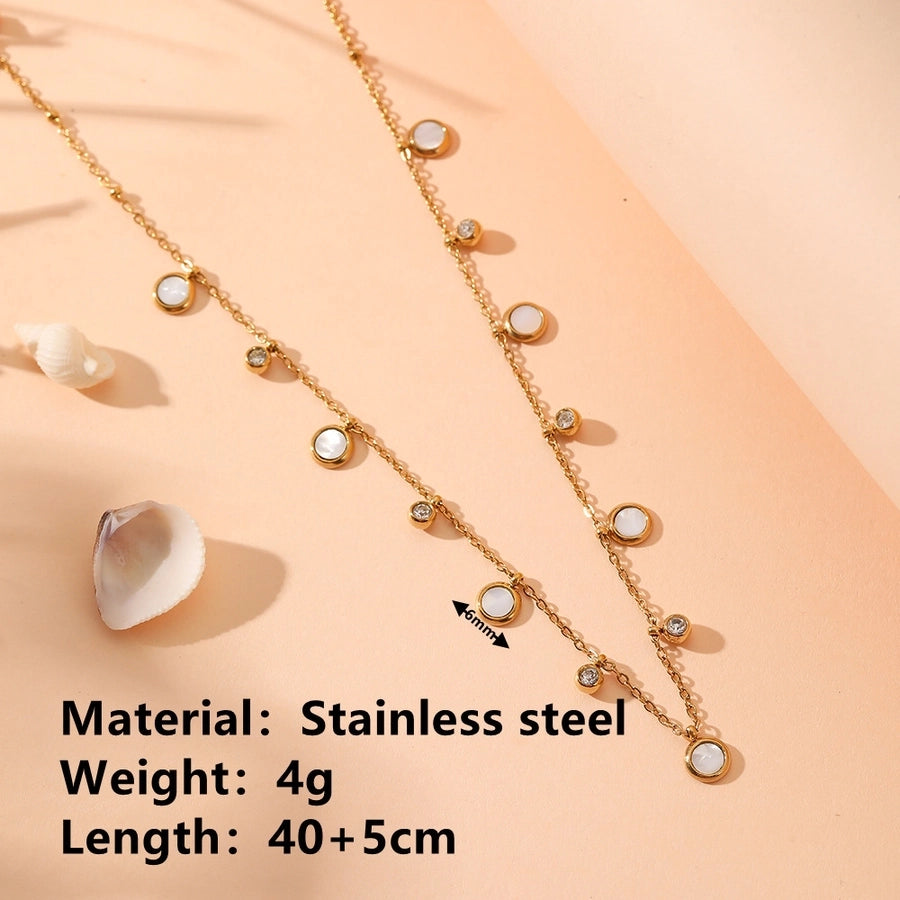 Jewelry Cute Sweet Round Titanium Steel Rhinestones Shell 18K Gold Plated Plating Inlay Pendant Necklace