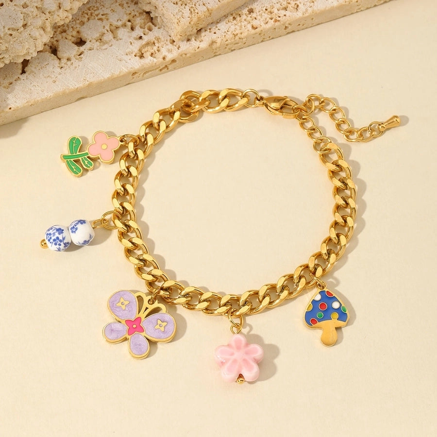 Jewelry Cute Sweet Flower Mushroom Butterfly 304 Stainless Steel 18K Gold Plated Enamel Plating Multi Charms Necklace Bracelets Earrings