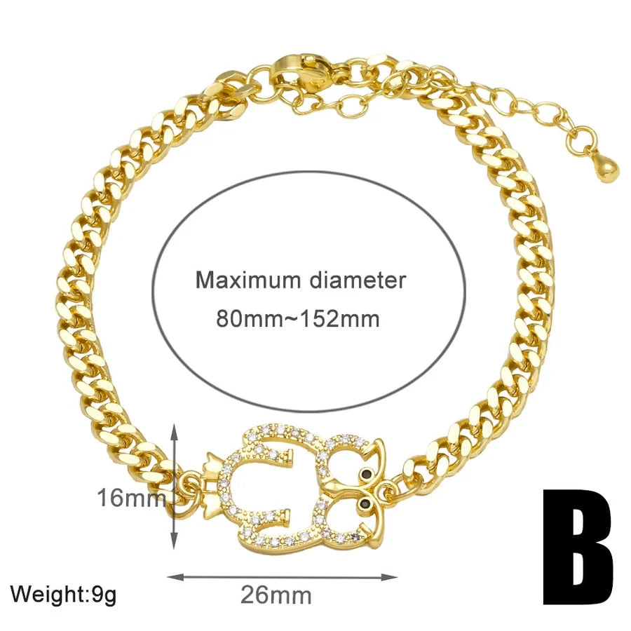 Copper 18K Gold Plated Inlay Owl Butterfly Elephant Zircon Bracelets