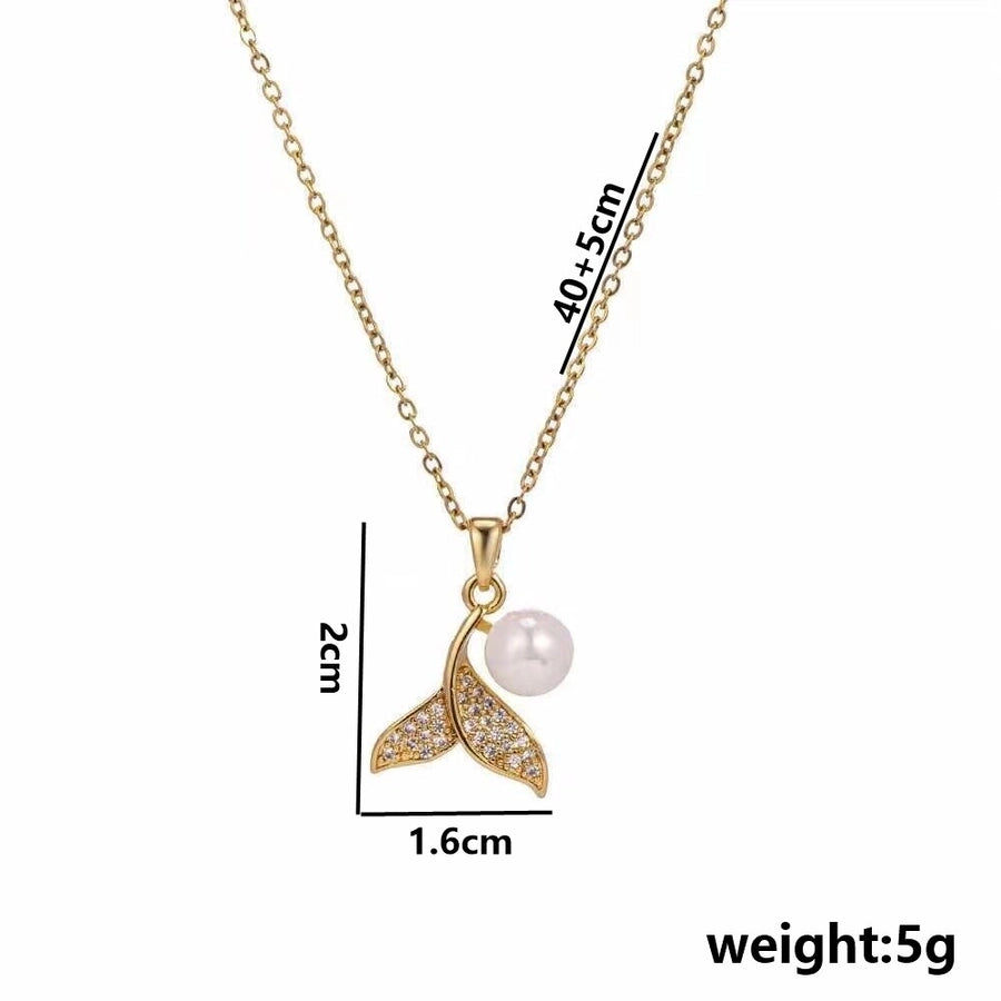 Jewelry Cute IG Style Fish Tail Titanium Steel Brass Pearl Zircon 18K Gold Plated Inlay Pendant Necklace