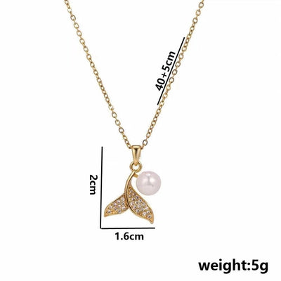 Jewelry Cute IG Style Fish Tail Titanium Steel Brass Pearl Zircon 18K Gold Plated Inlay Pendant Necklace