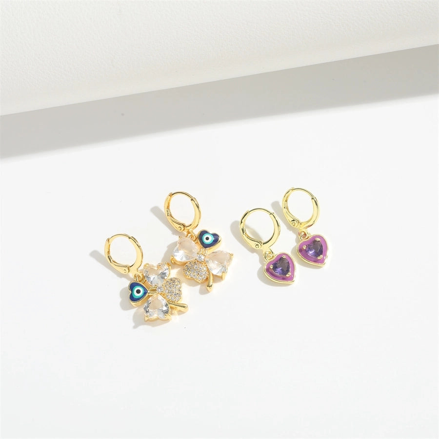 1 Pair Elegant Simple Style Commute Four Leaf Clover Heart Shape Enamel Inlay Copper Zircon 14K Gold Plated Drop Earrings
