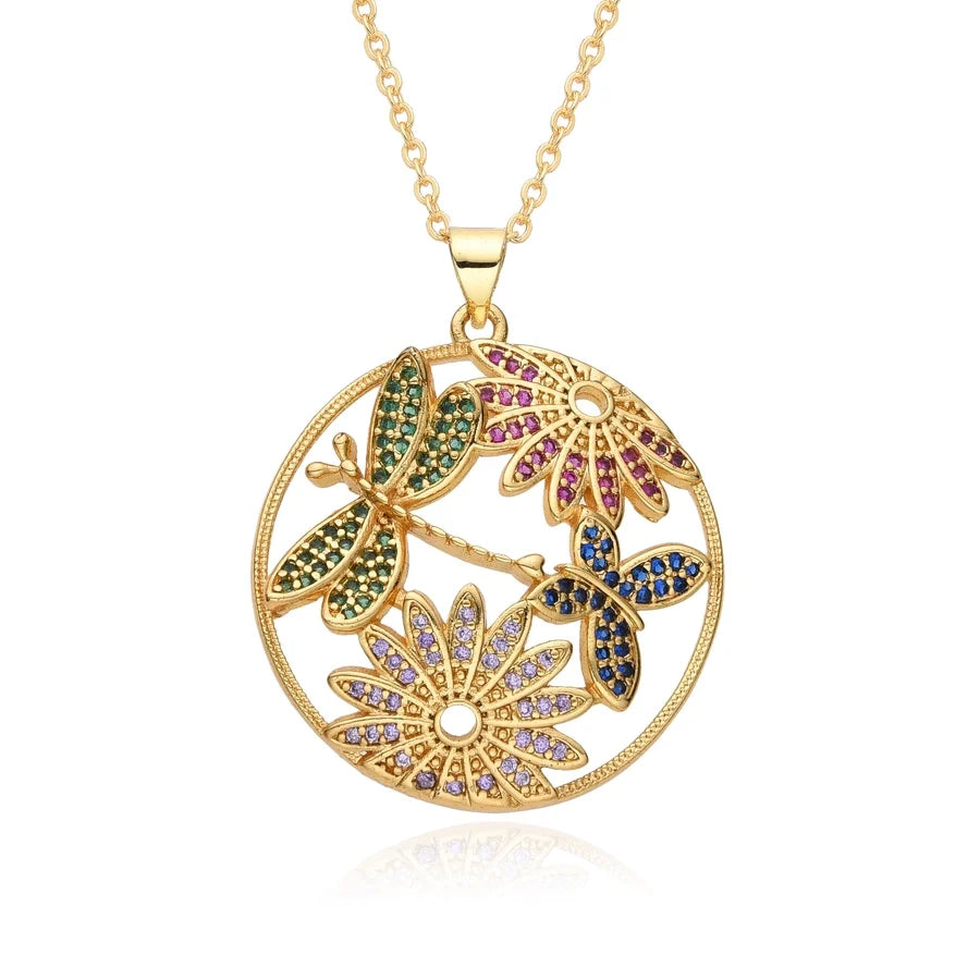 Copper Inlay Snake Dragonfly Zircon Pendant Necklace