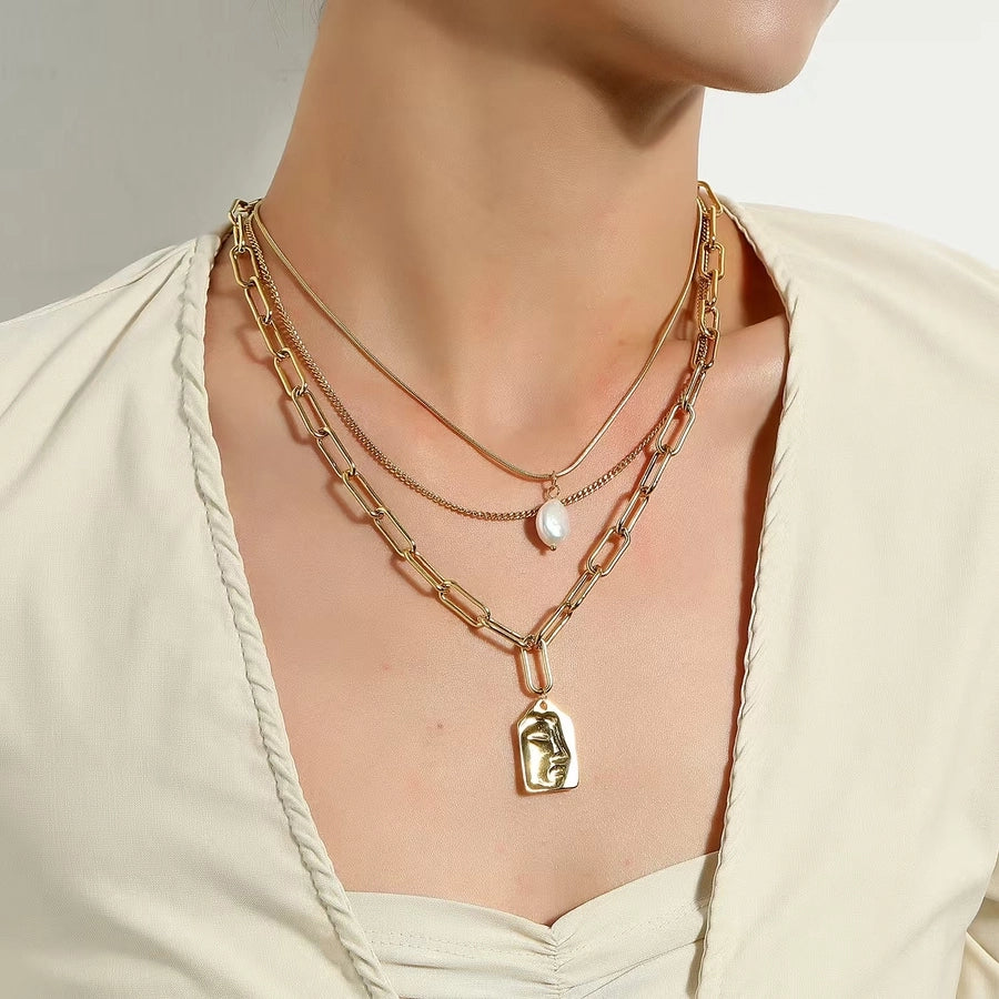 Jewelry Vintage Style French Style Human Titanium Steel Artificial Pearls 18K Gold Plated Layered Necklaces
