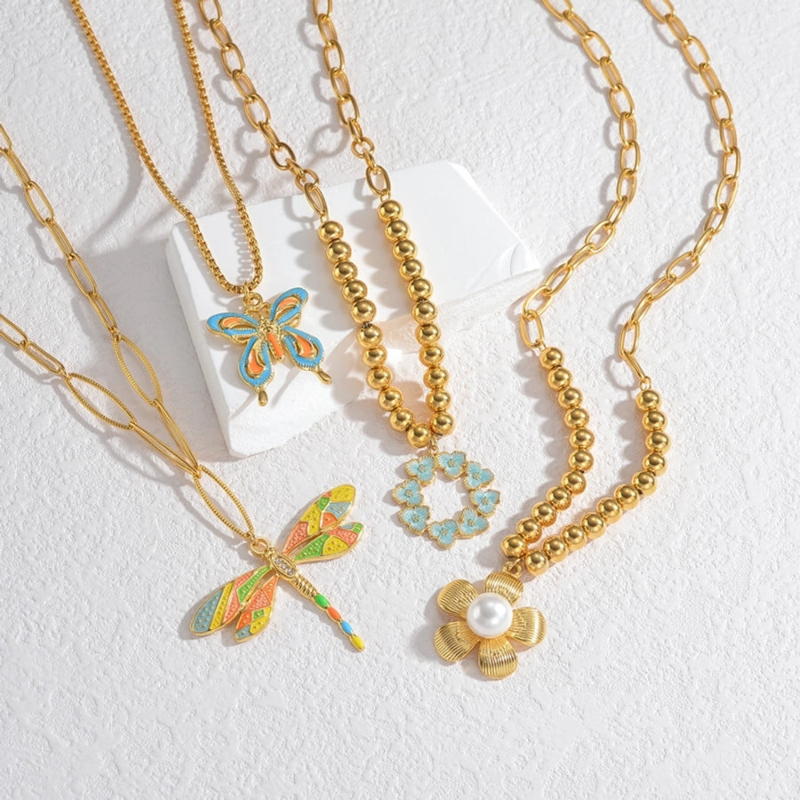 Jewelry Casual Sweet Flower Butterfly 304 Stainless Steel Artificial Pearls Beaded Enamel Inlay Pendant Necklace