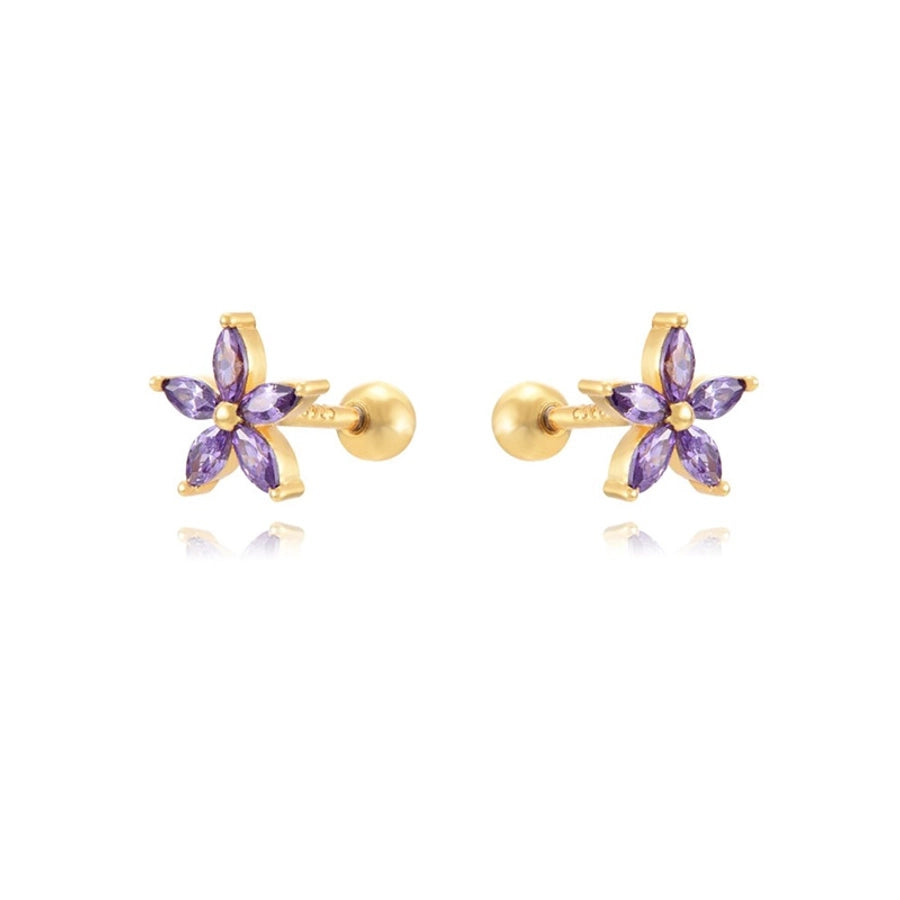 1 Pair Sweet Shiny Flower Inlay Copper Zircon 24K Gold Plated Ear Studs