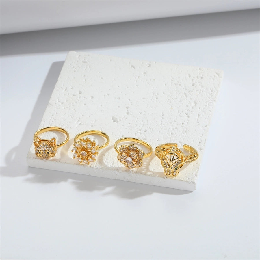 Jewelry Casual Cute Cat Flower Copper Zircon 14K Gold Plated Rings