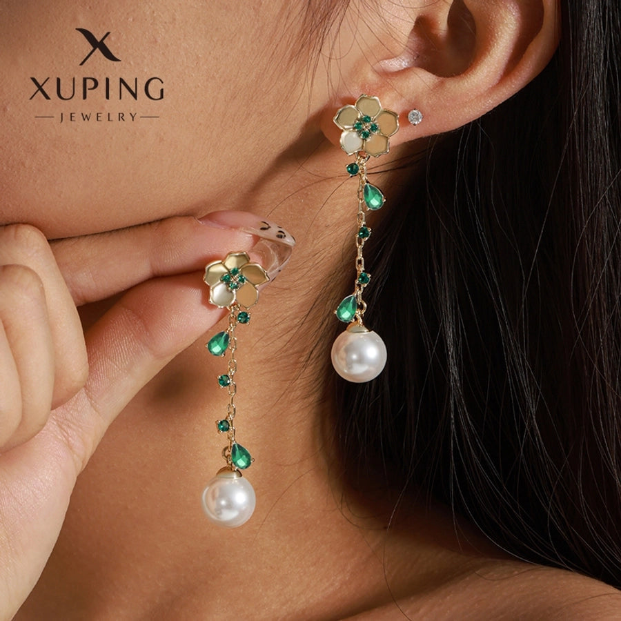 1 Pair Elegant Sweet Flower Plating Copper Artificial Gemstones Beads 18K Gold Plated Drop Earrings