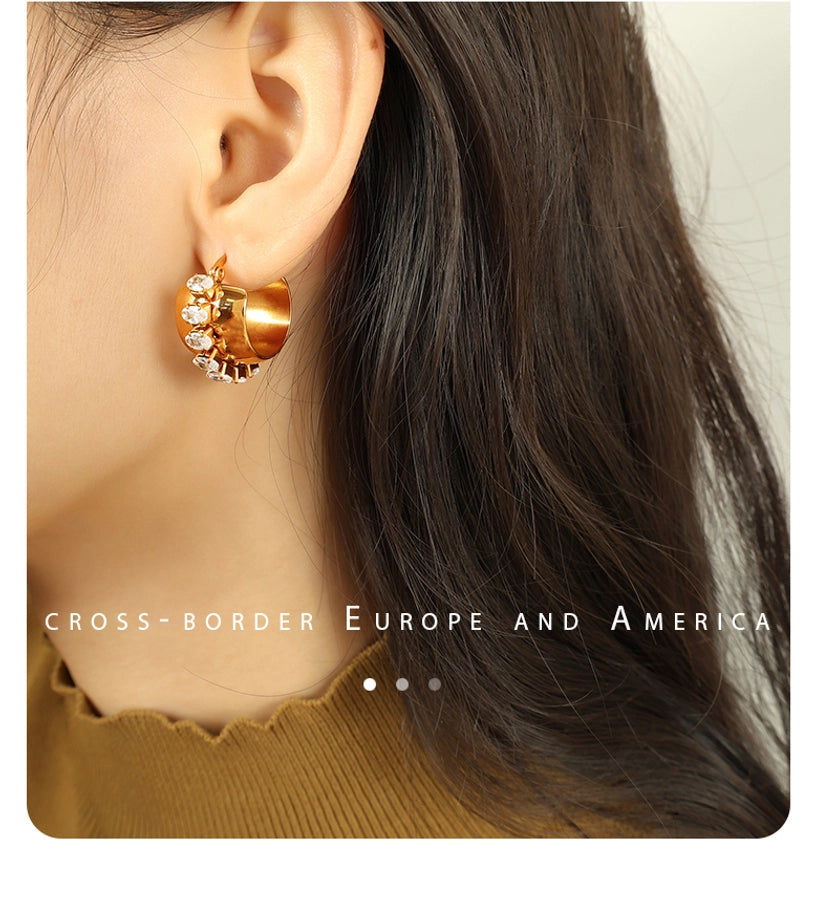 1 Pair Elegant Retro French Style C Shape Semicircle Polishing Plating Inlay 304 Stainless Steel Zircon 18K Gold Plated Earrings