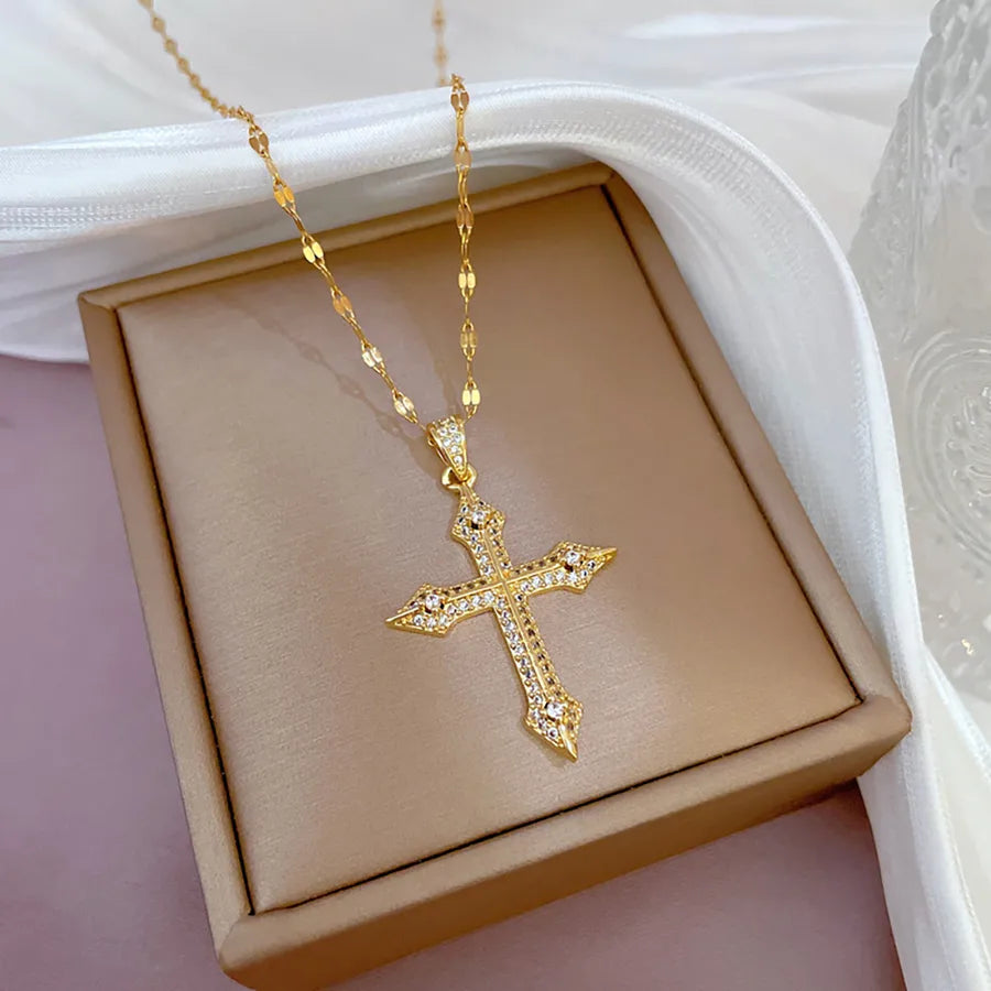 Stainless Steel 18K Gold Plated Simple Style Plating Inlay Cross Zircon