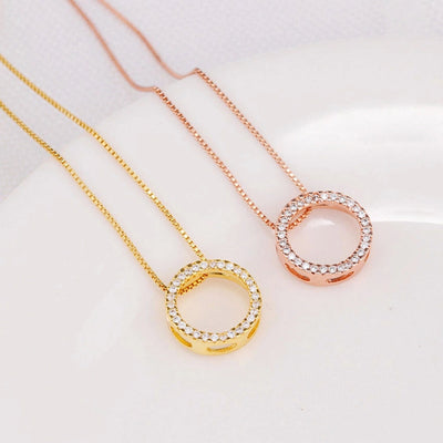 Copper box chain Inlay Round Zircon Pendant Necklace