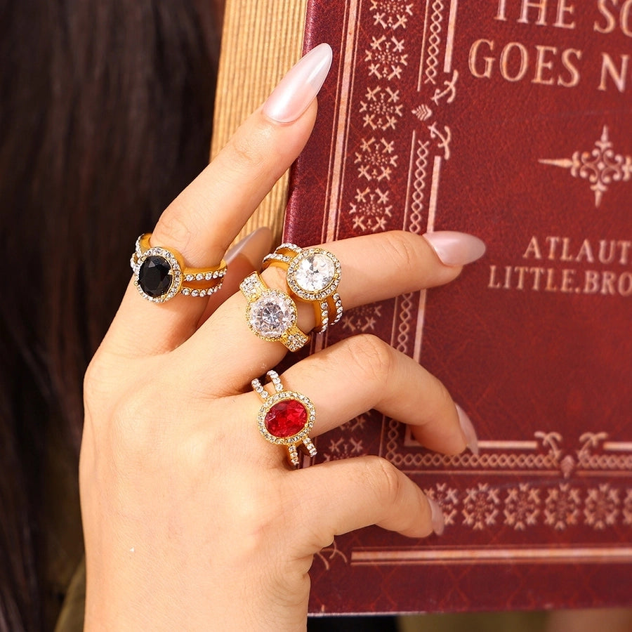 Jewelry Vintage Style Geometric Oval Titanium Steel Zircon 18K Gold Plated Inlay Rings