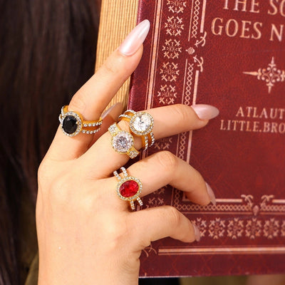 Jewelry Vintage Style Geometric Oval Titanium Steel Zircon 18K Gold Plated Inlay Rings