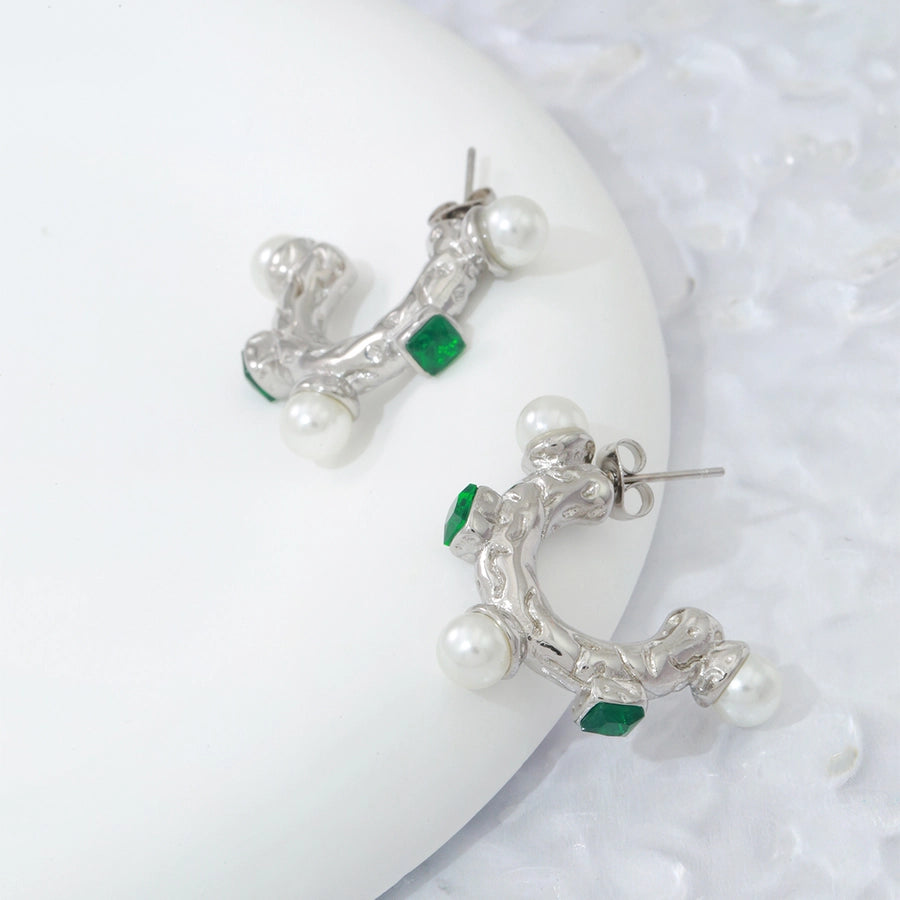 1 Pair Elegant C Shape Plating Inlay 304 Stainless Steel Artificial Pearls Zircon 18K Gold Plated Ear Studs