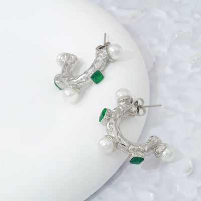 1 Pair Elegant C Shape Plating Inlay 304 Stainless Steel Artificial Pearls Zircon 18K Gold Plated Ear Studs