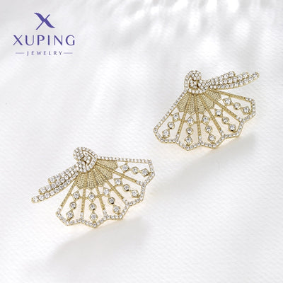 1 Pair XUPING Sweet Artistic Sector Plating Copper Artificial Gemstones 18K Gold Plated Ear Studs